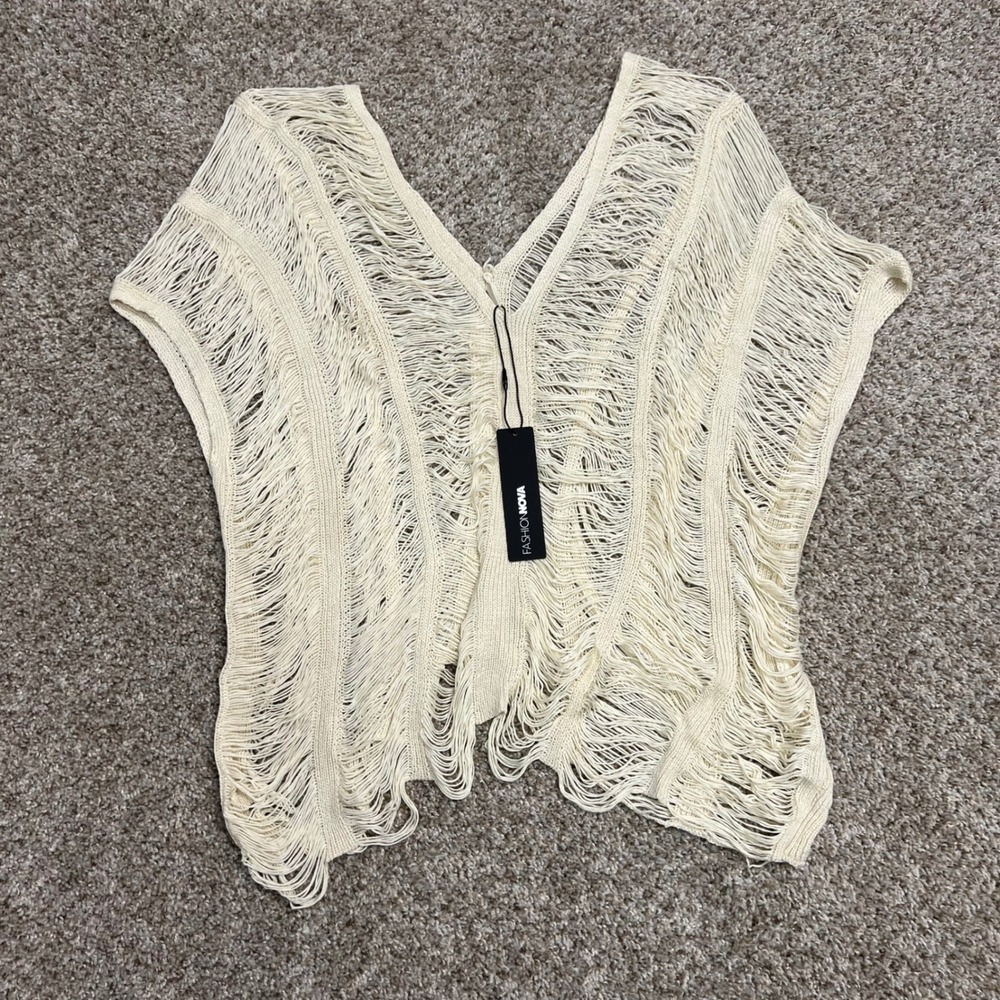 Fashion Nova Elizabeth Crochet Sweater Beige Shredded Distressed V-Neck Medium